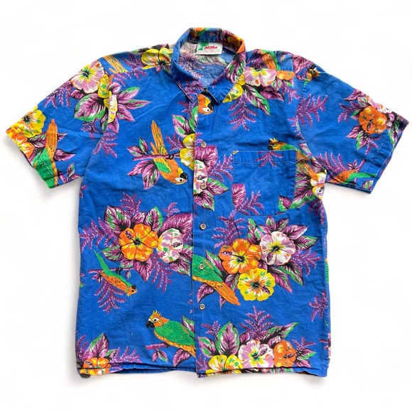 Vintage Hawaiian Shirt USA Made Birds Parrot Tropical Floral Blue Short Sleeve S - Picture 2 of 10